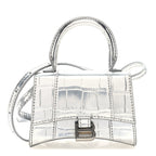 Balenciaga Metallic Calfskin Crocodile Embossed Hourglass Top Handle Bag Mini Silver