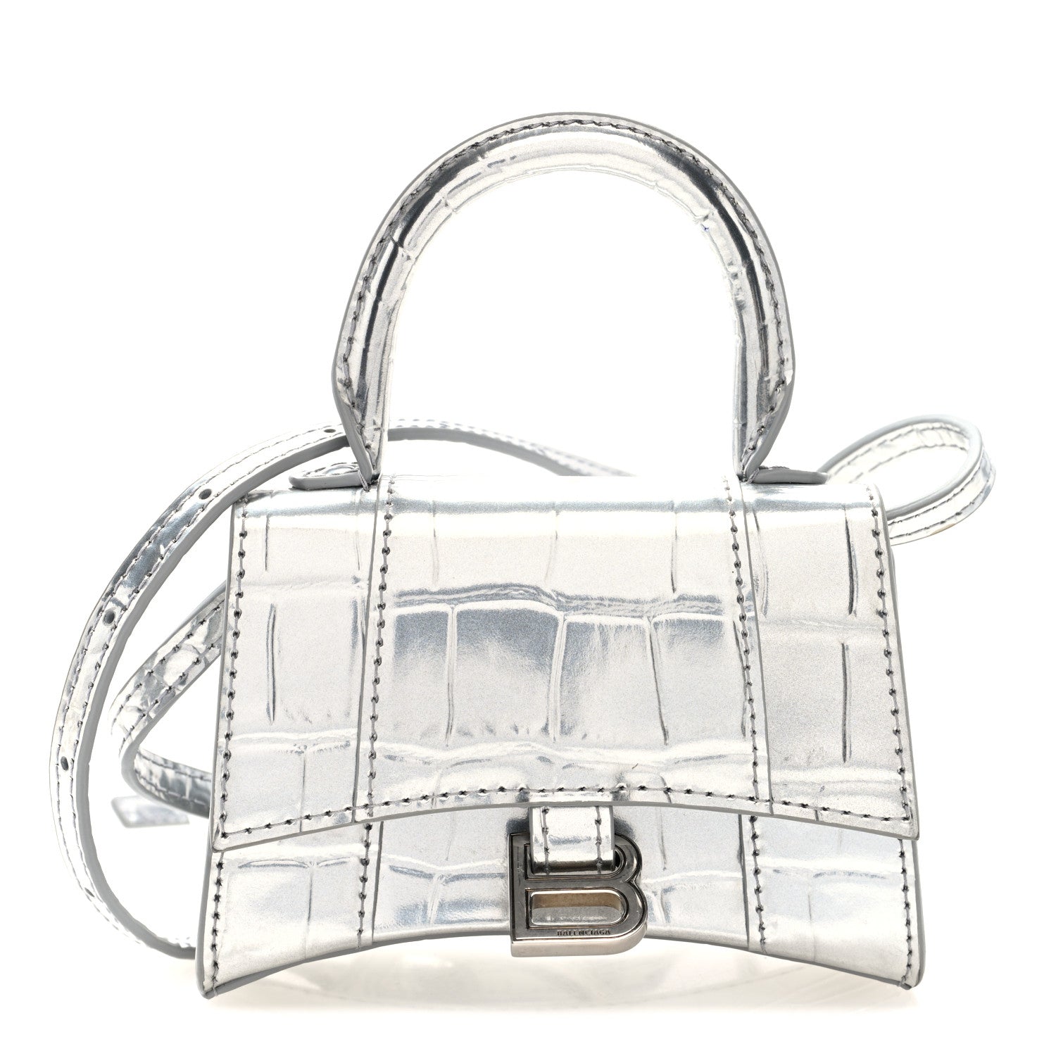Balenciaga Metallic Calfskin Crocodile Embossed Hourglass Top Handle Bag Mini Silver