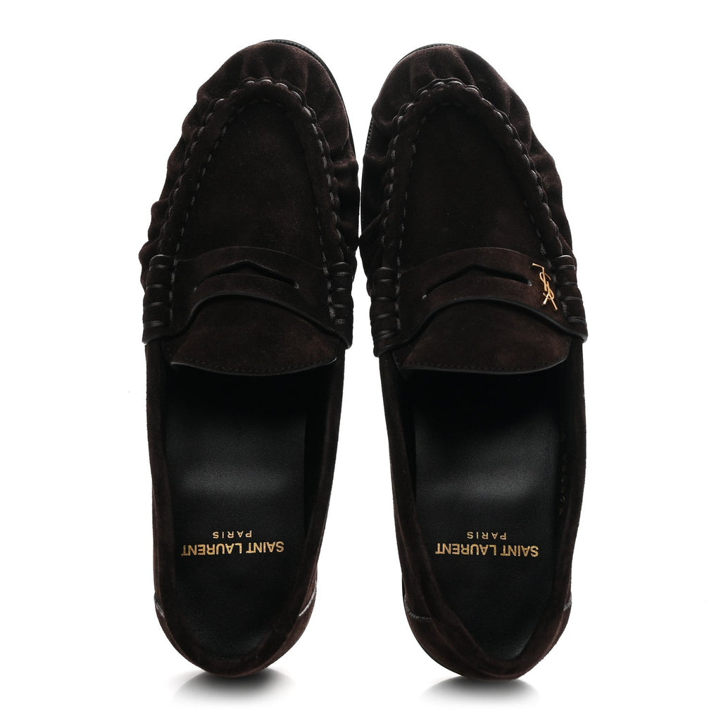 Saint Laurent Suede Le Loafer 15 Penny Slippers 37.5 Dark Chocolate