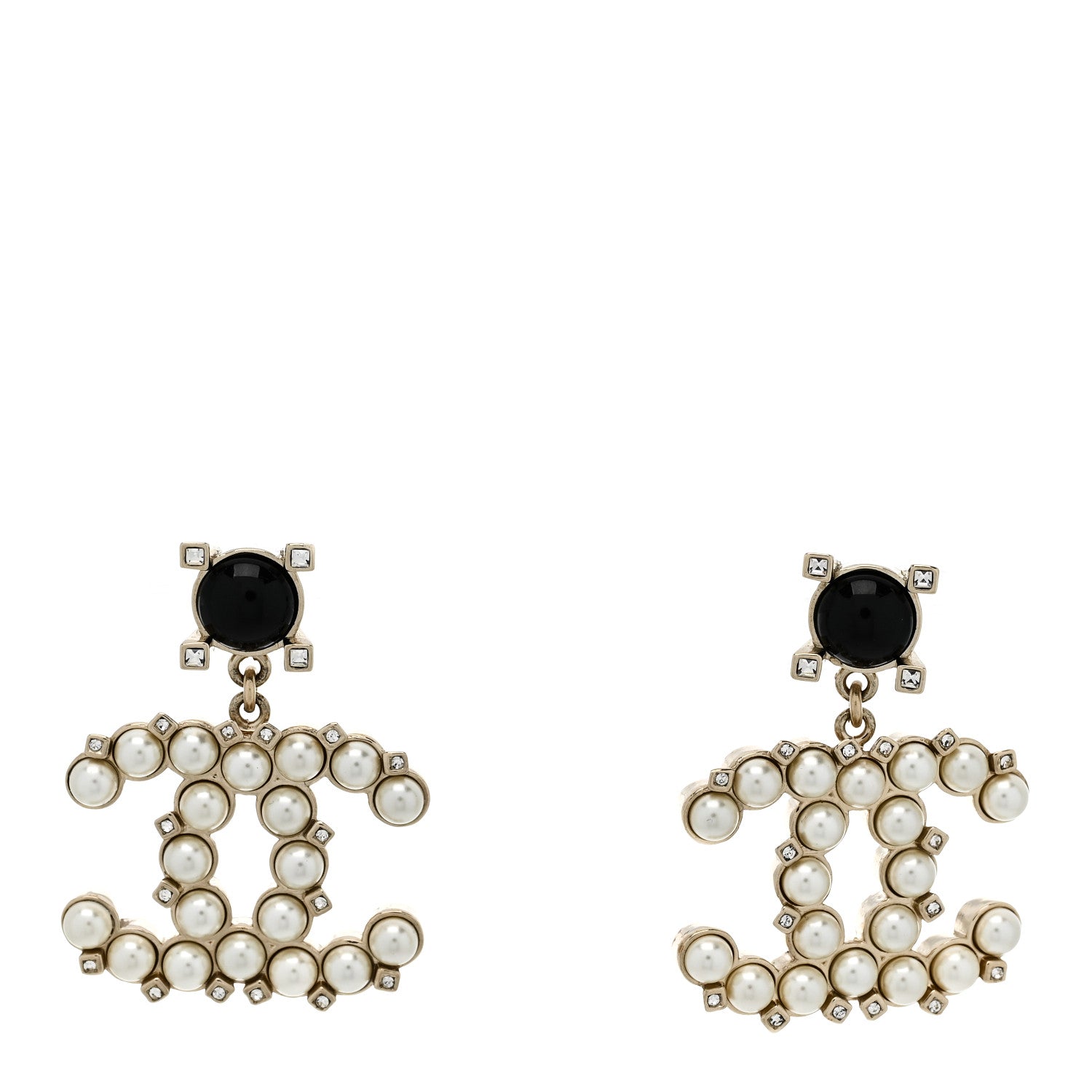 Chanel Resin Crystal Pearl CC Drop Earrings Black Gold