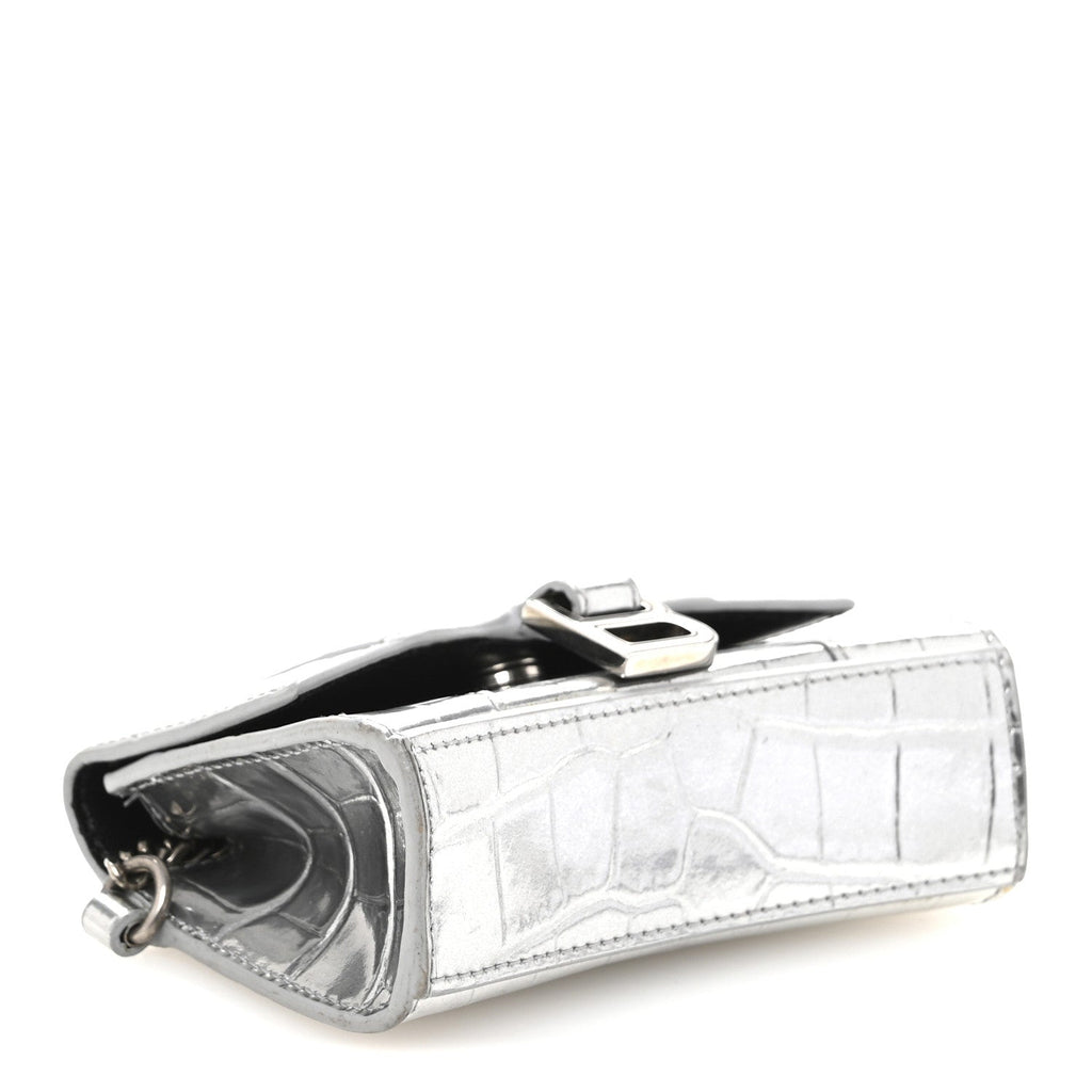 Balenciaga Metallic Calfskin Crocodile Embossed Hourglass Chain Cardholder Silver