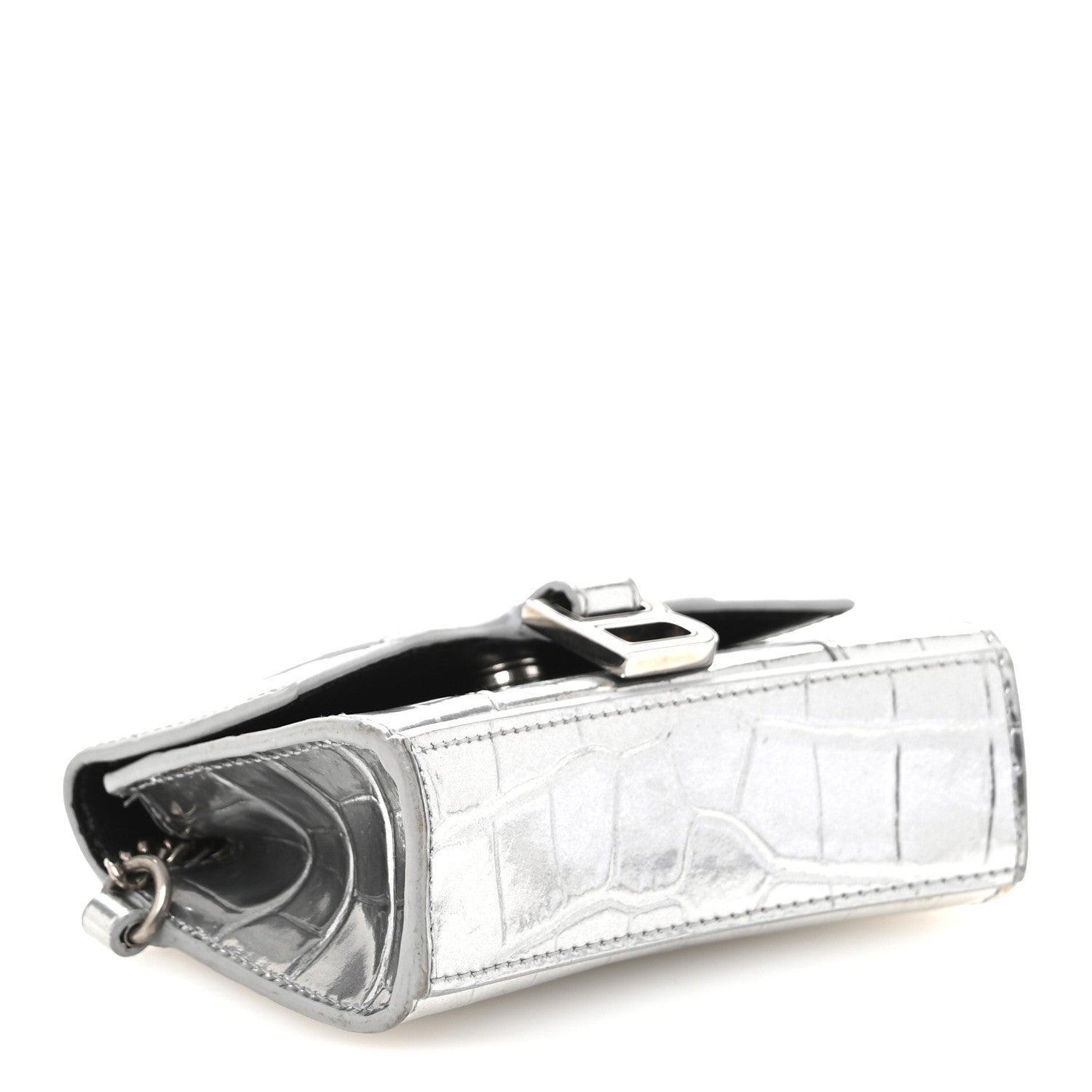 Balenciaga Metallic Calfskin Crocodile Embossed Hourglass Chain Cardholder Silver