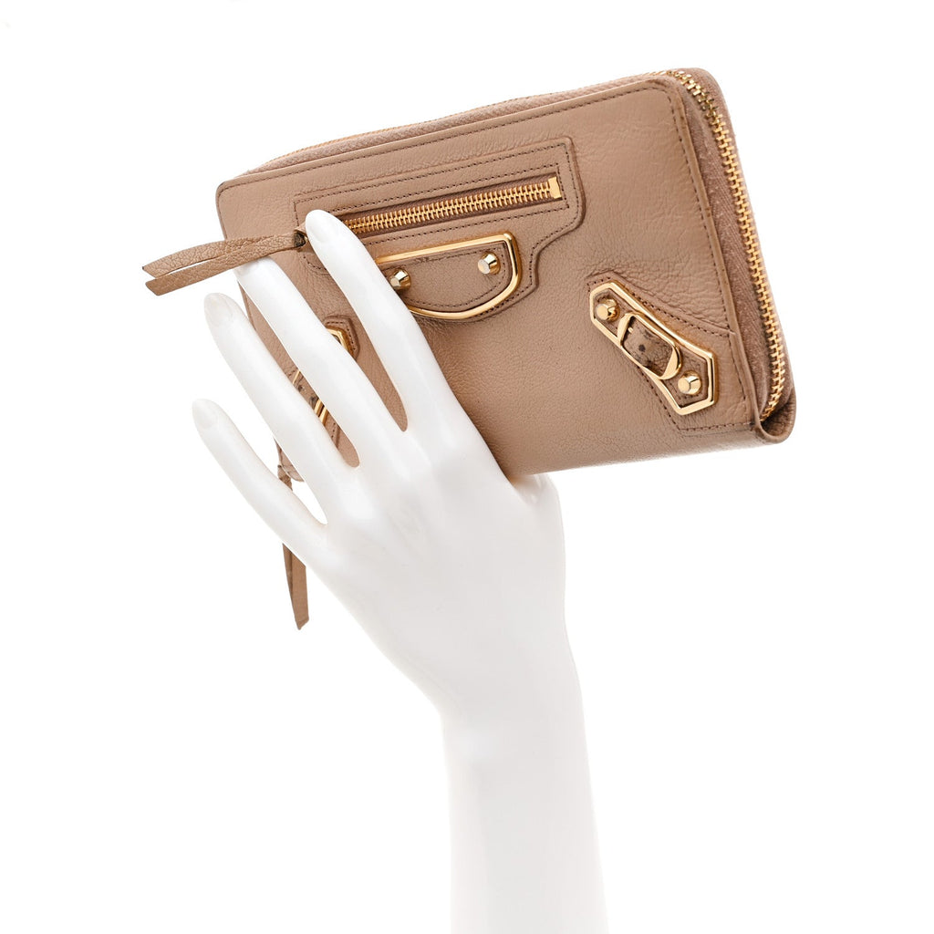 Balenciaga Chevre Gold Metallic Edge Hardware Continental Zip Around Wallet Rose Des Sables