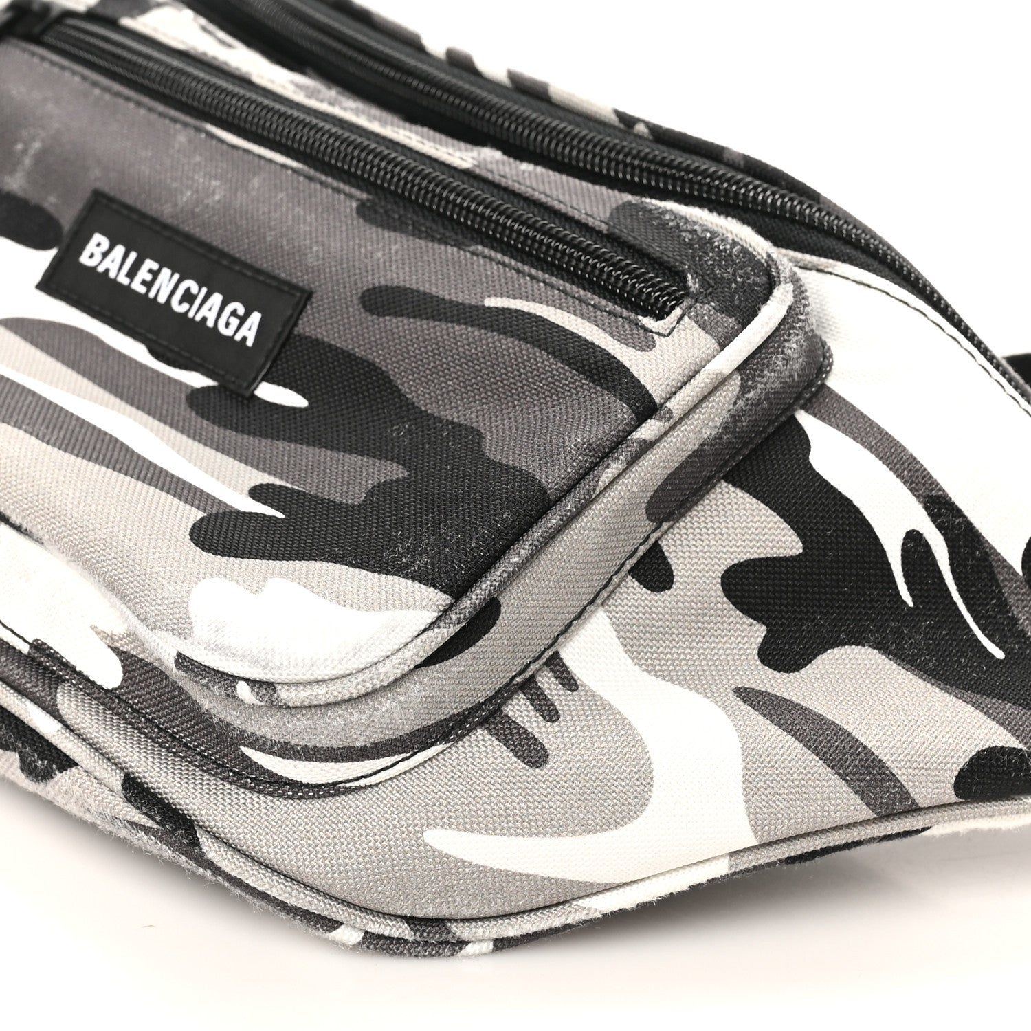 Balenciaga Distressed Nylon Canvas Camo Logo Explorer Beltpack Black White Gray