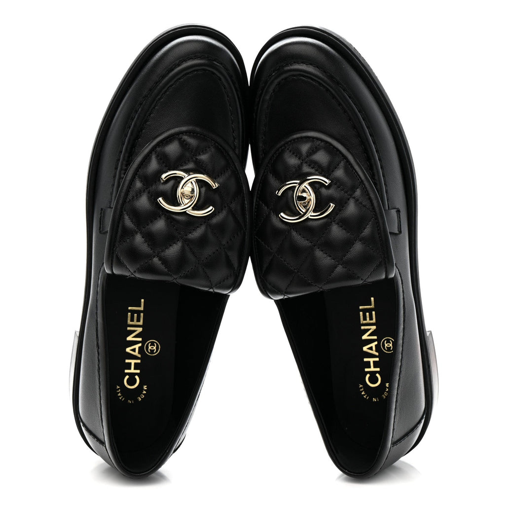 Chanel Lambskin Quilted CC Turnlock Loafers 39.5 Black