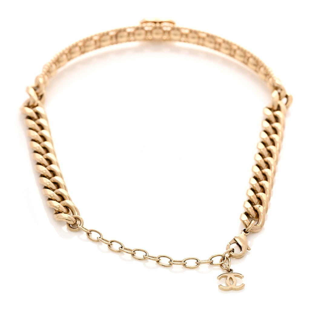 Chanel Metal Crystal Bead Chain Link CC Choker Necklace Gold