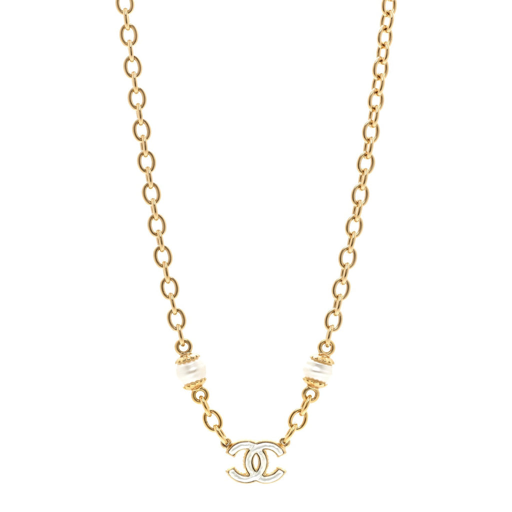 Chanel Metal Enamel CC Necklace Gold White