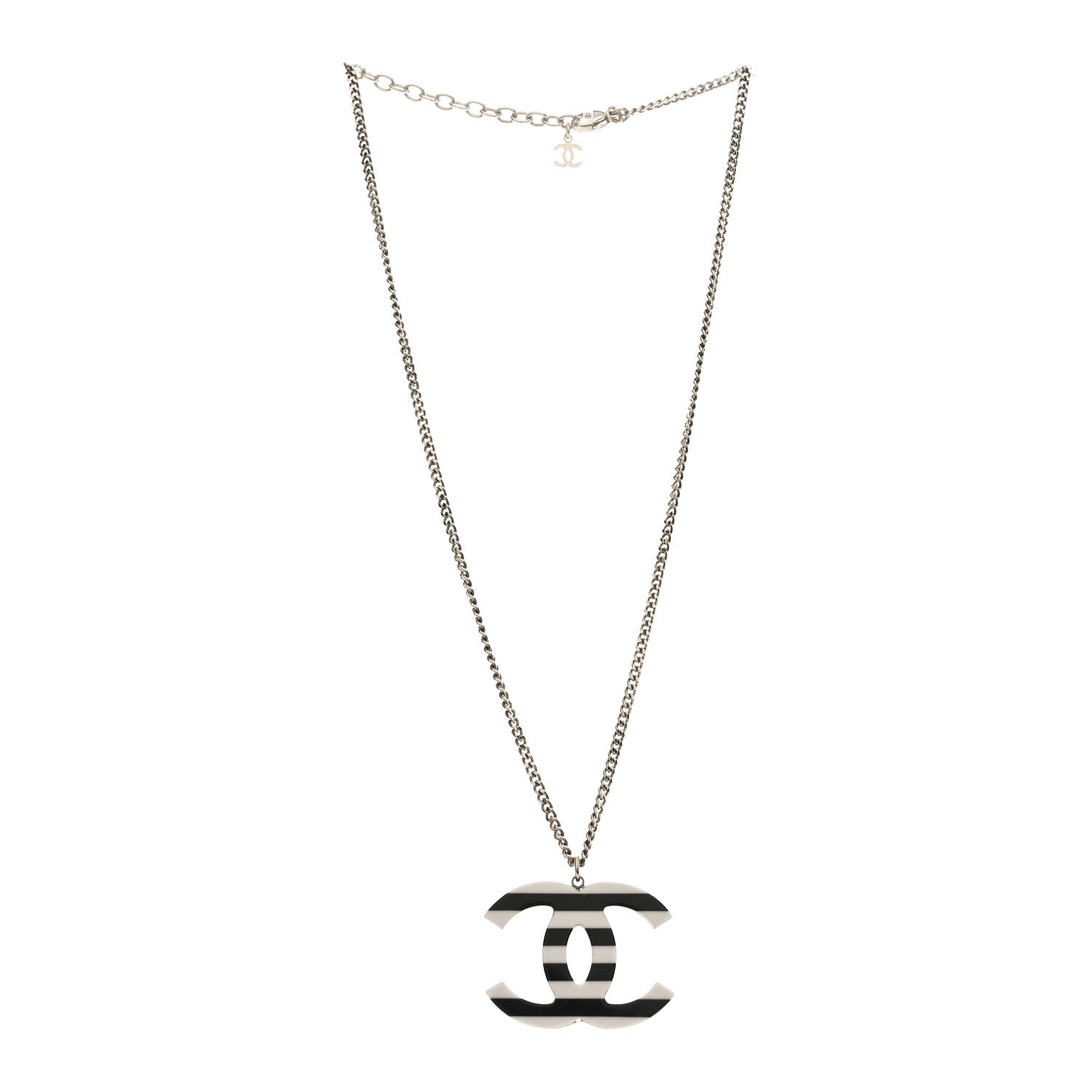 Chanel Enamel Pearl CC Charms Pendant Necklace Black White Gold