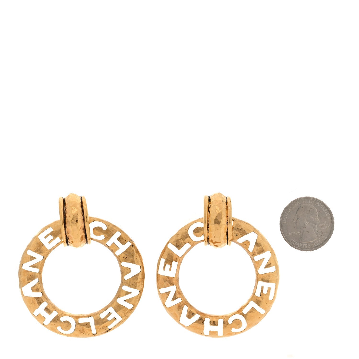 Chanel Hammered Metal Logo Cut Out Door Knocker Clip On Earrings Gold