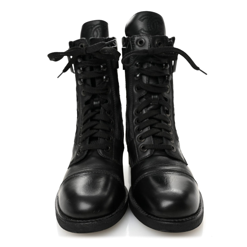 Chanel Calfskin Quilted Lace Up Combat Boots 36.5 Black