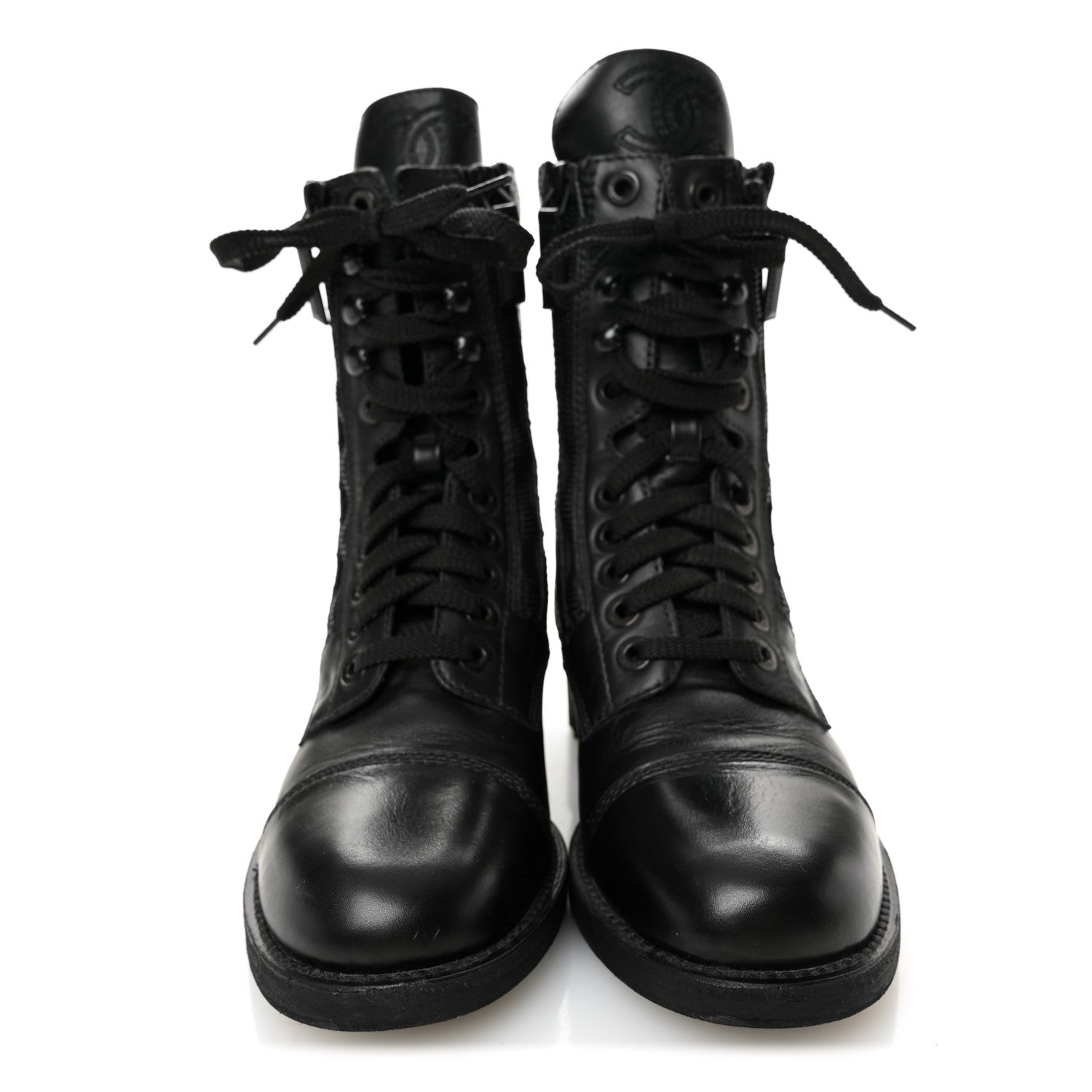 Chanel Calfskin Quilted Lace Up Combat Boots 36.5 Black