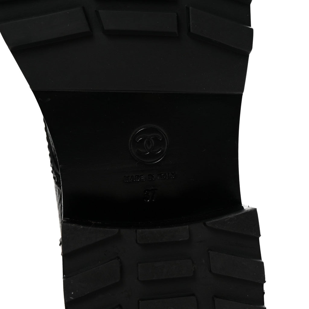 Chanel Shiny Calfskin Velvet Pearl Combat Short Boots 37 Black