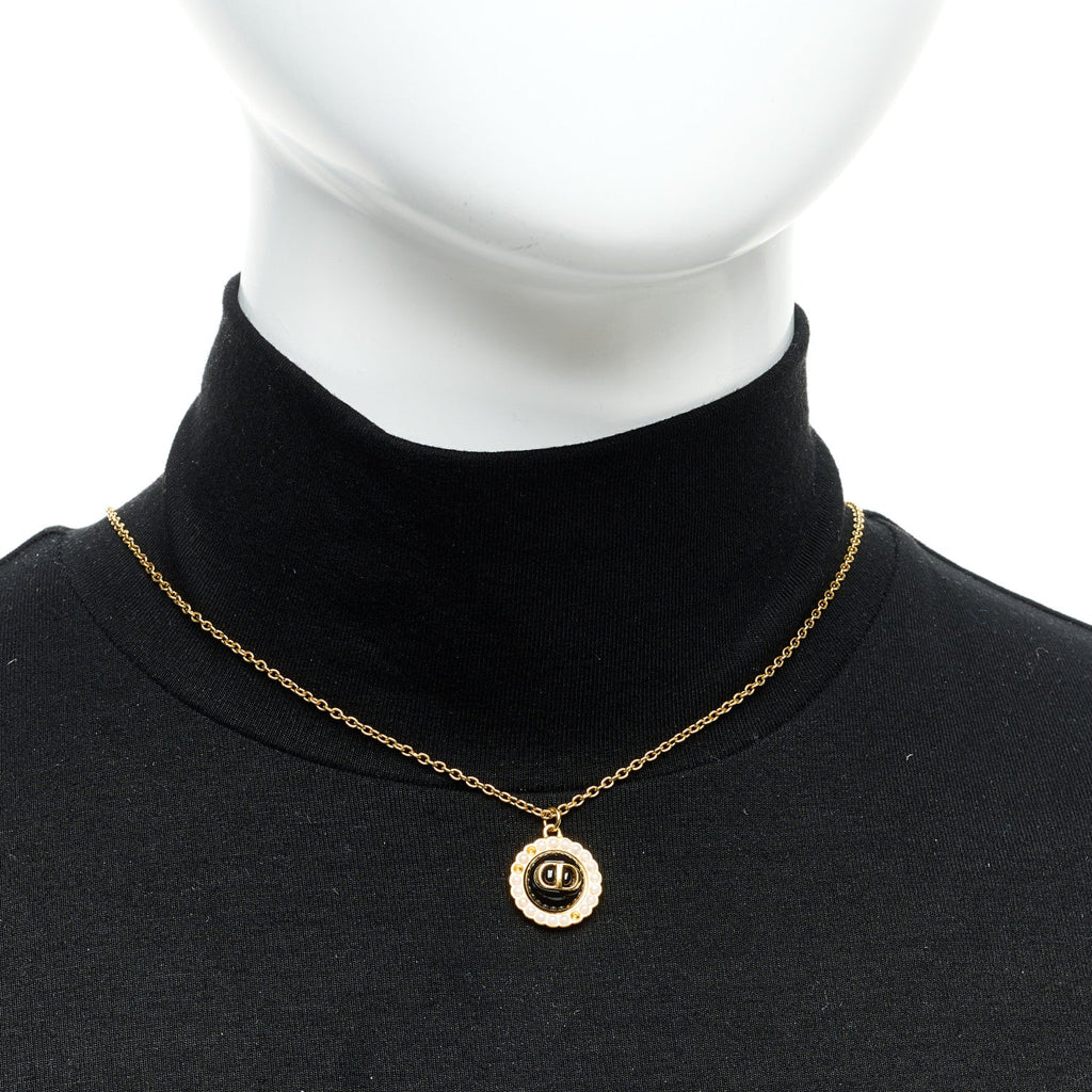 Christian Dior Metal Pearl CD Necklace Gold Black