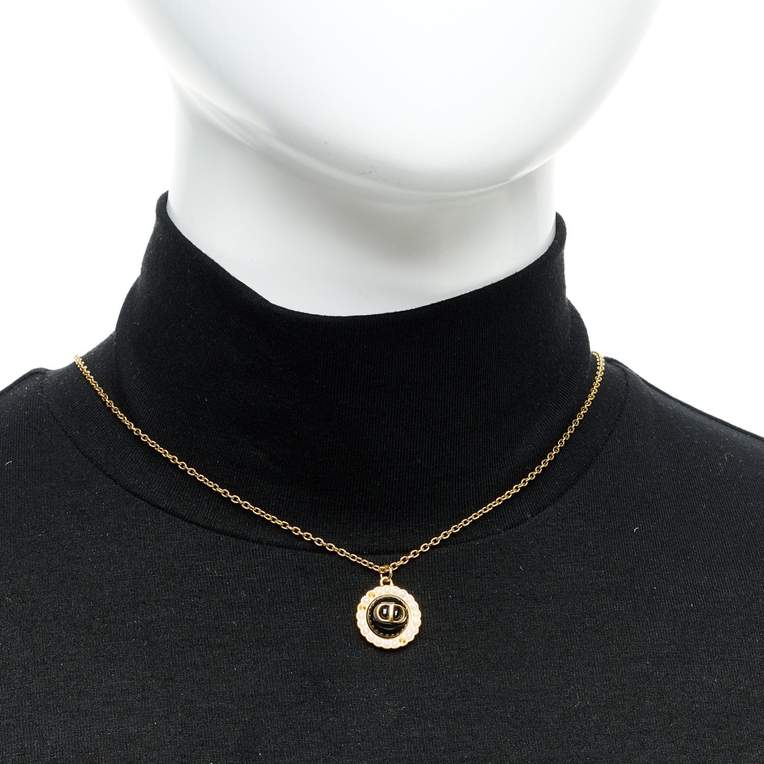 Christian Dior Metal Pearl CD Necklace Gold Black