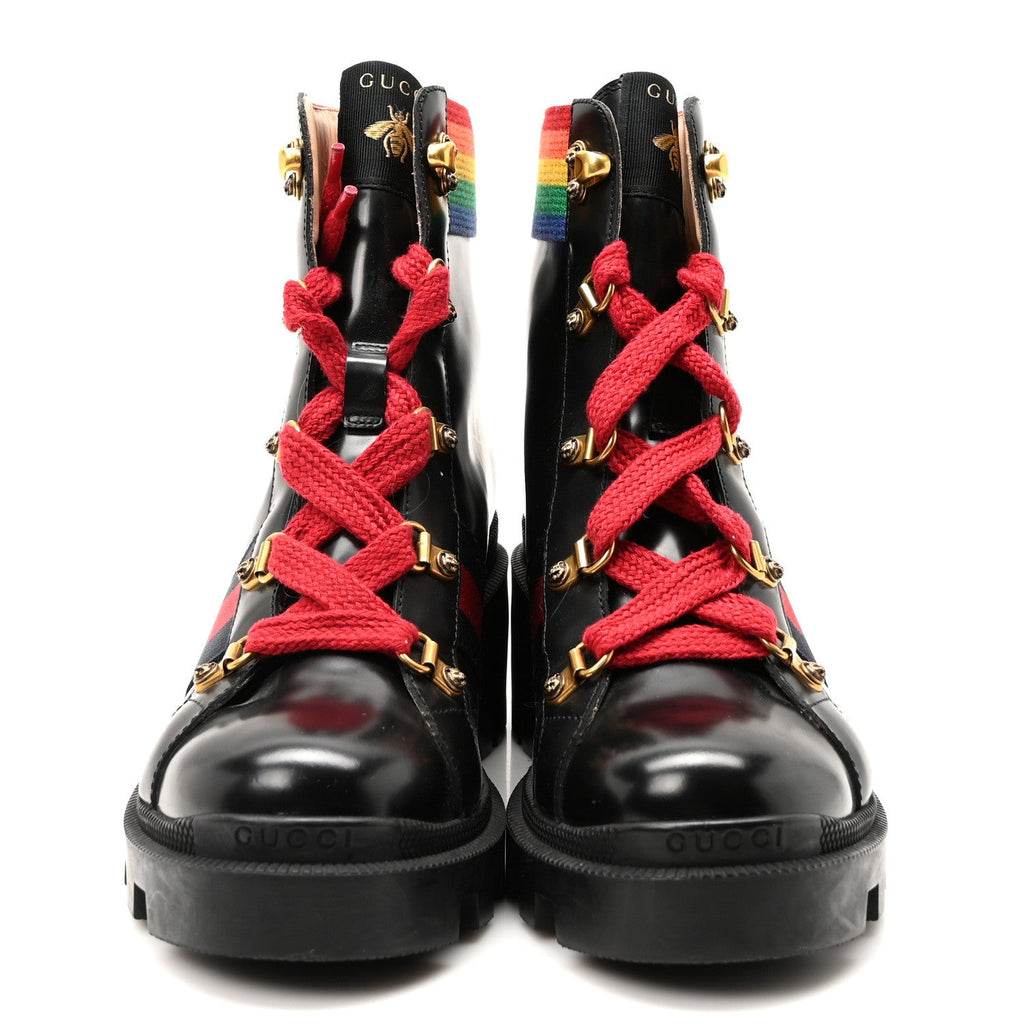 Gucci Calfskin Rainbow Trip Lace Up Combat Boots 36 Black