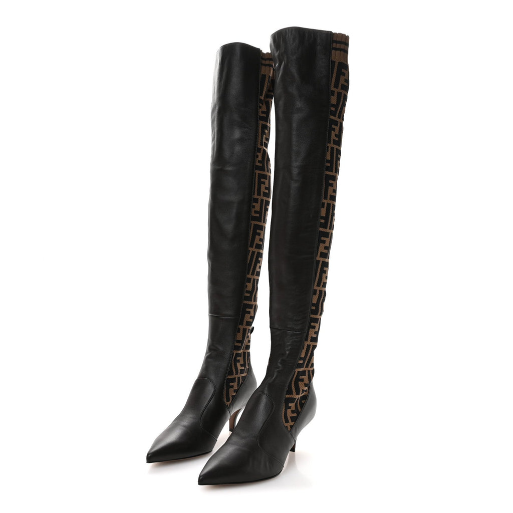 Fendi Nappa Microfiber Fabric FF Rockoko Thigh High Boots 37 Ebano Tobacco Black