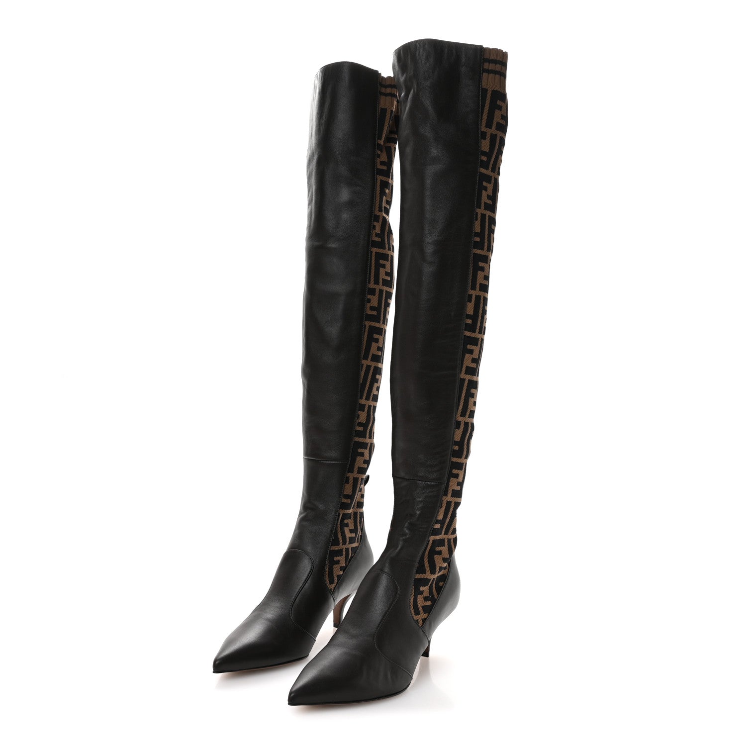 Fendi Nappa Microfiber Fabric FF Rockoko Thigh High Boots 37 Ebano Tobacco Black