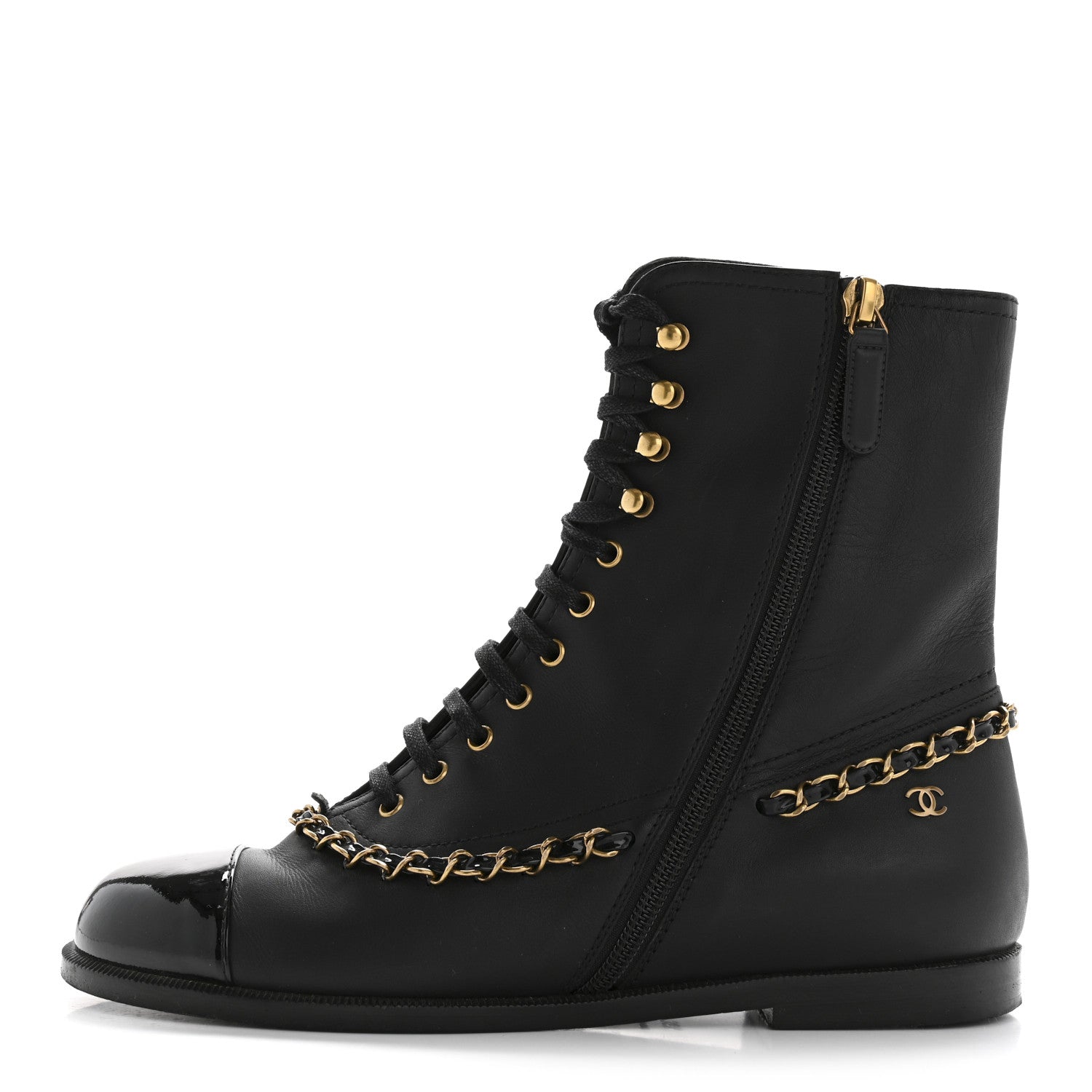 Chanel Calfskin Chain Lace Up Boots 36.5 Black
