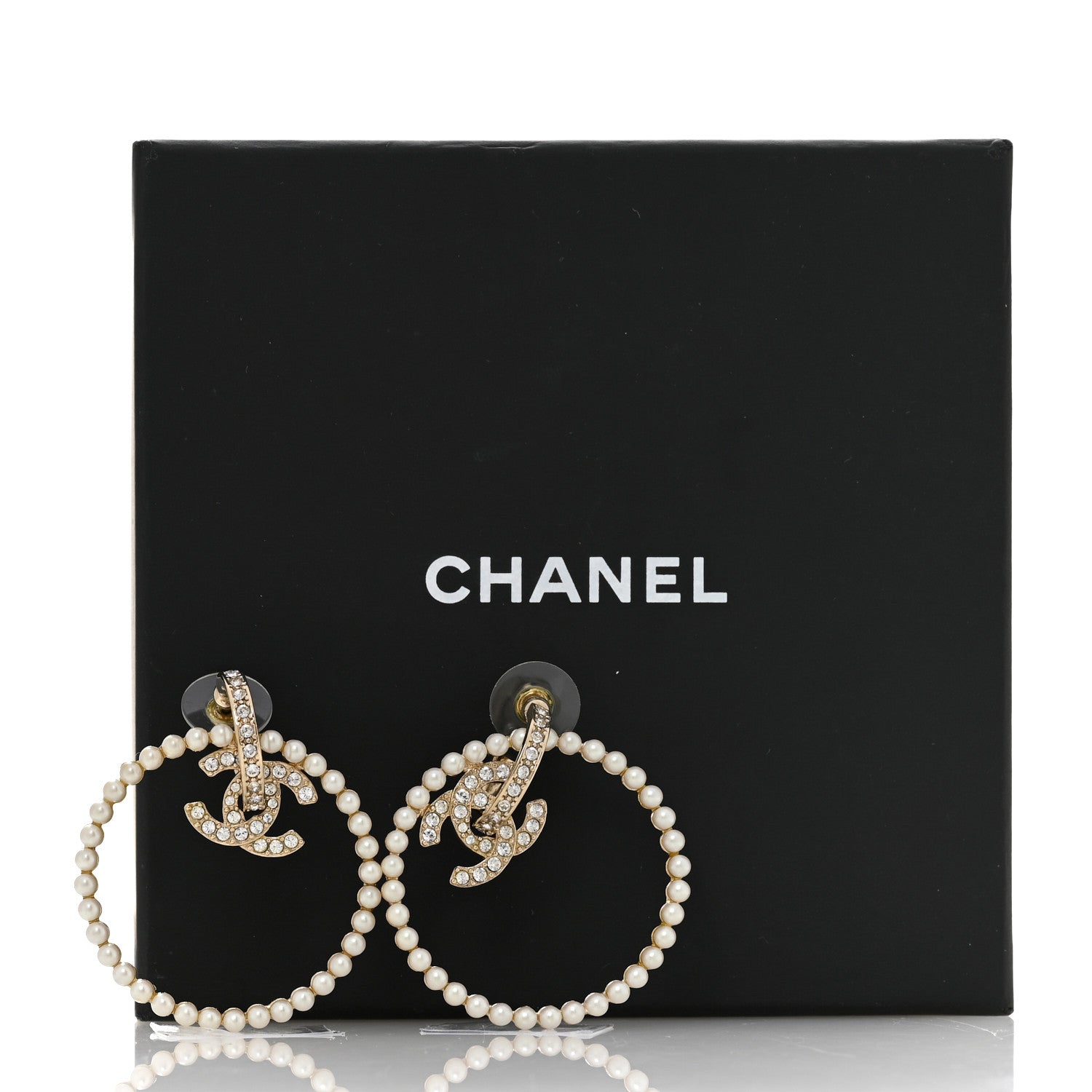 Chanel Crystal Pearl CC Door Knocker Hoop Earrings Gold Pearly White