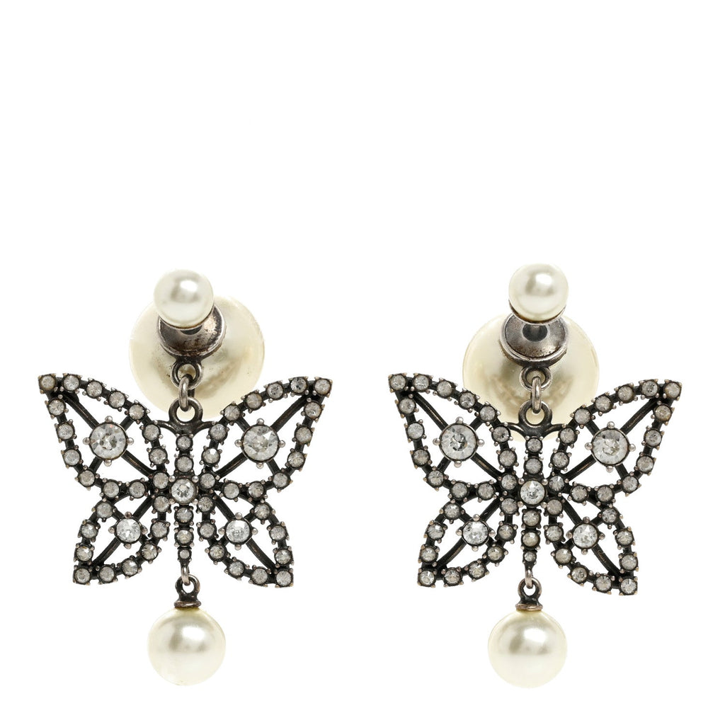 Christian Dior Crystal Pearl Butterfly Drop Earrings Silver