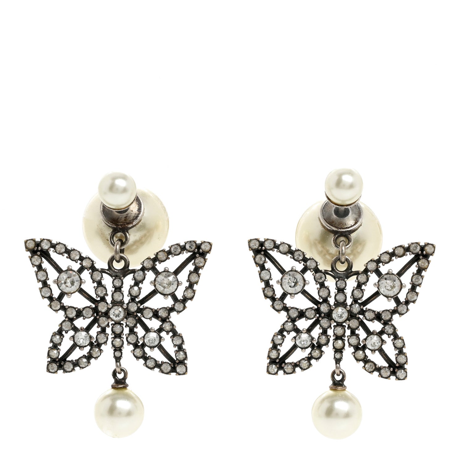 Christian Dior Crystal Pearl Butterfly Drop Earrings Silver