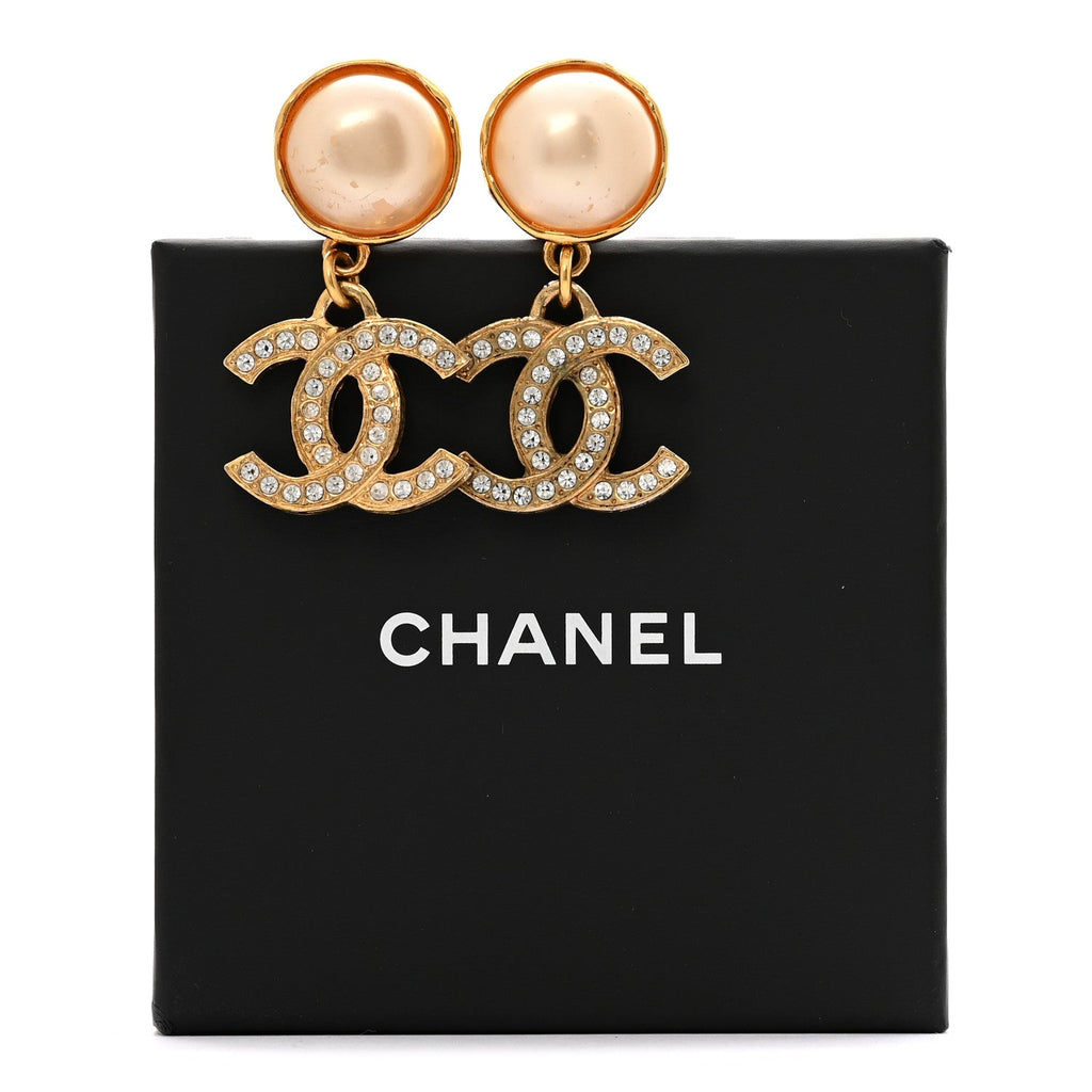 Chanel Pearl Crystal CC Drop Clip On Earrings Gold