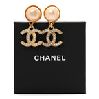Chanel Pearl Crystal CC Drop Clip On Earrings Gold
