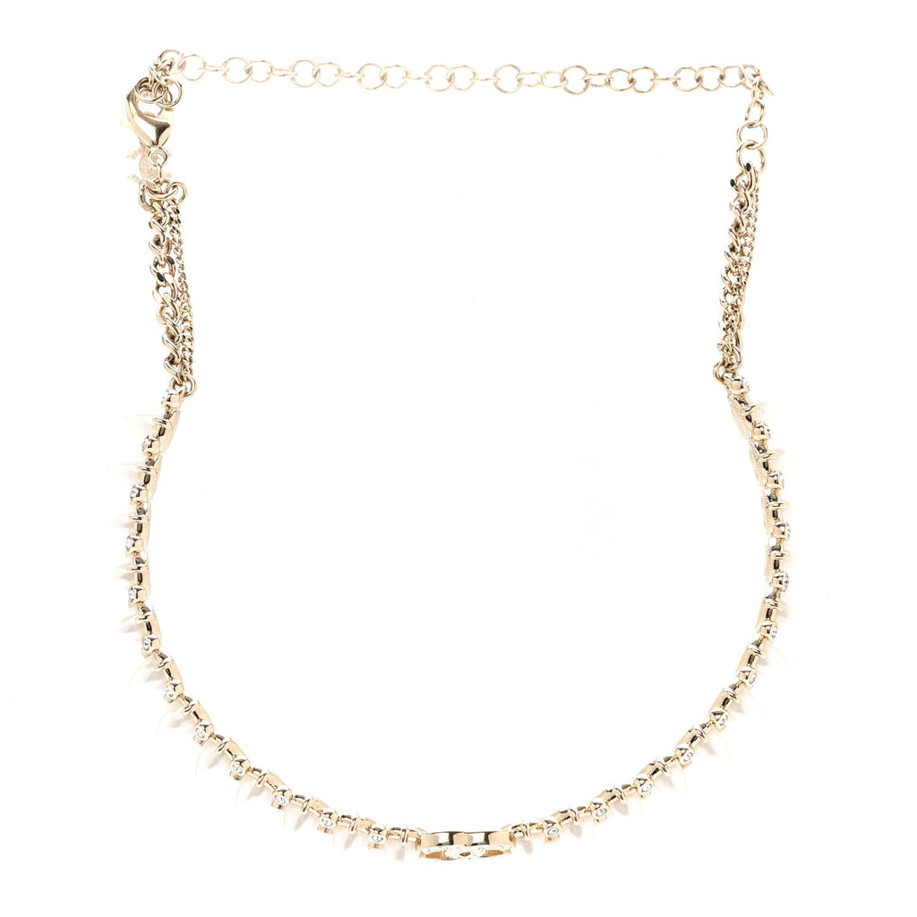 Chanel Strass Crystal Studded Pearl CC Choker Necklace Gold Pearly White
