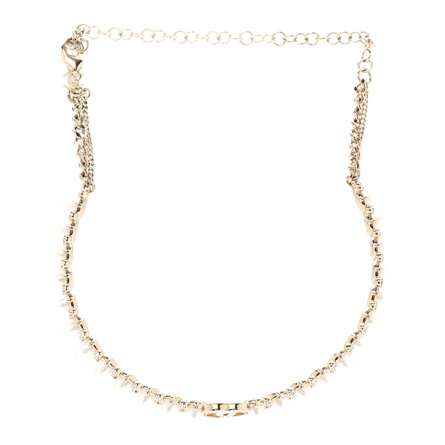 Chanel Strass Crystal Studded Pearl CC Choker Necklace Gold Pearly White