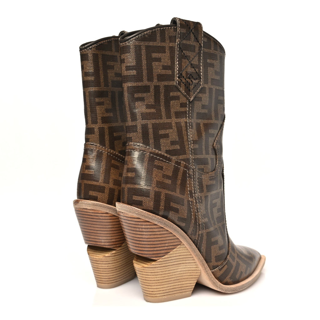 Fendi Glazed Fabric FF 1974 Cutwalk Ankle Boots 36 Mogano Panna