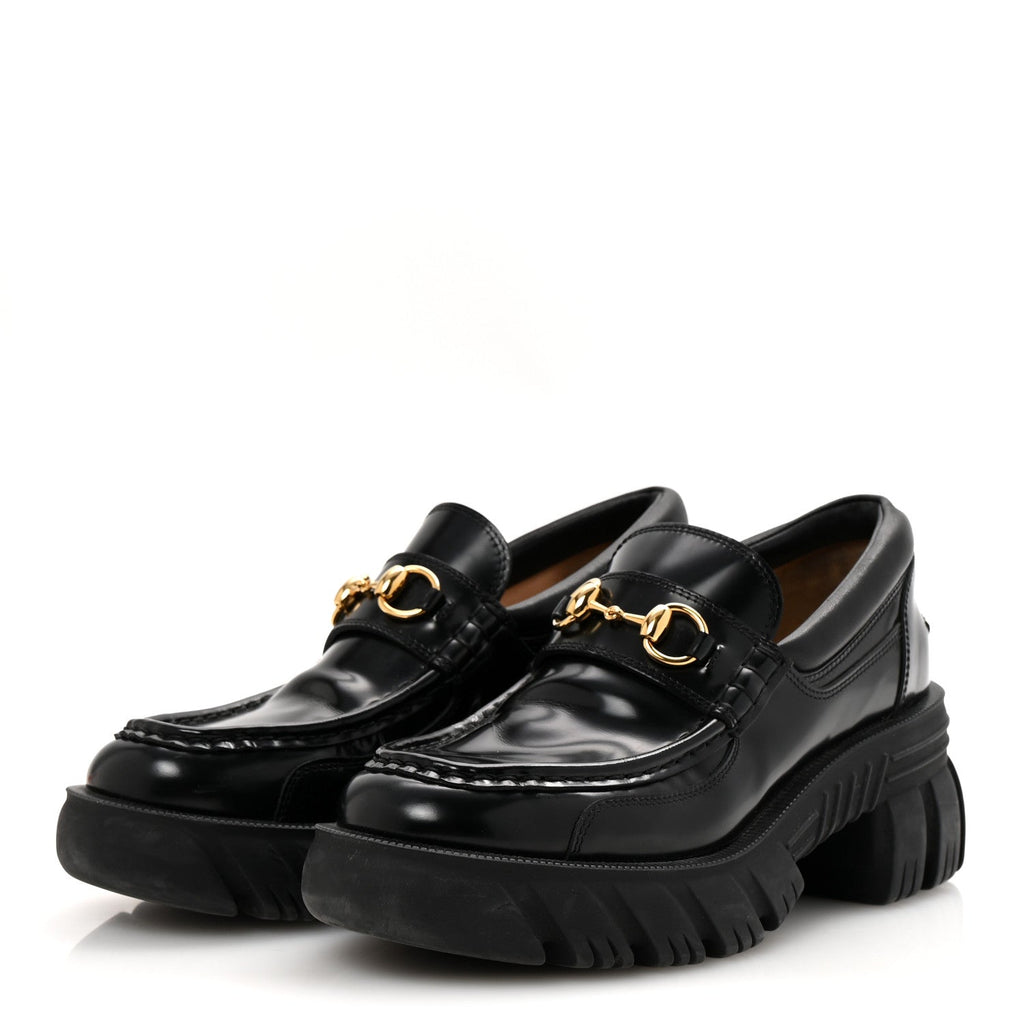 Gucci Magnum Calfskin Nappa Samoa Womens Horsebit Platform Chunky Lug Sole 40mm Loafers 39 Black