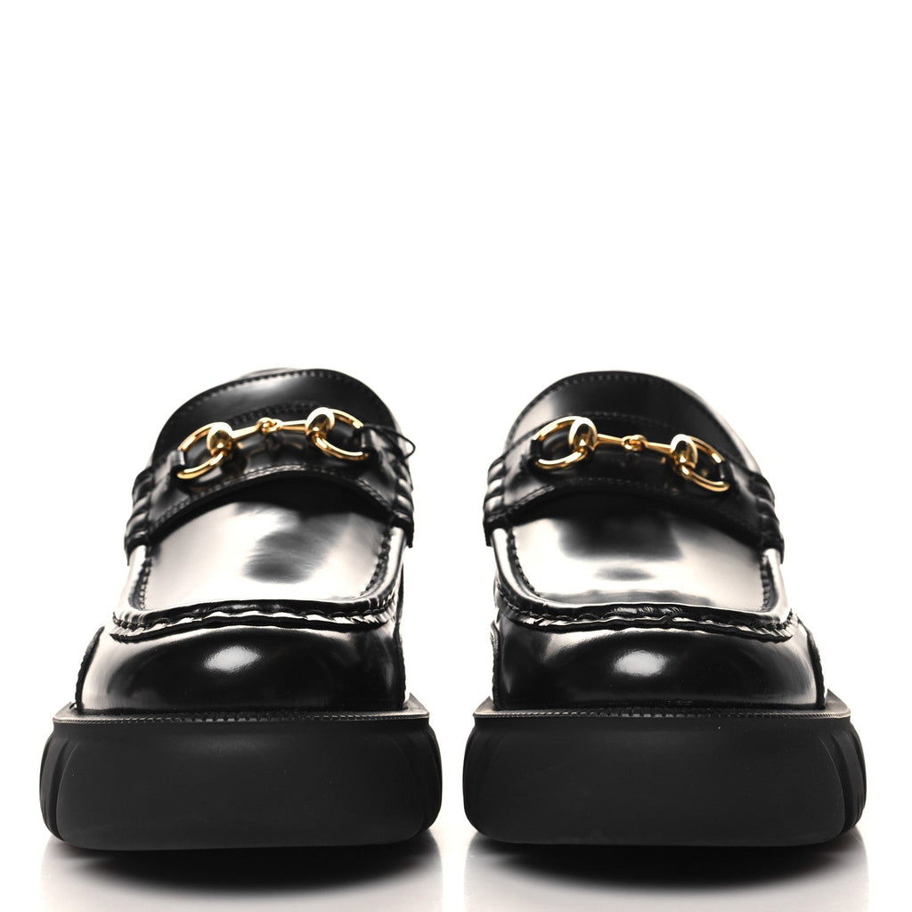 Gucci Magnum Calfskin Nappa Samoa Womens Horsebit Platform Chunky Lug Sole 40mm Loafers 40.5 Black