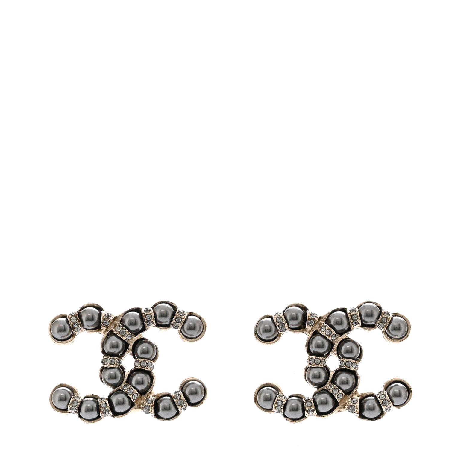 Chanel Pearl Crystal Nefertiti CC Earrings Silver Dark Grey
