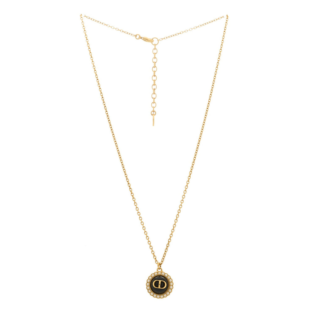 Christian Dior Metal Pearl CD Necklace Gold Black