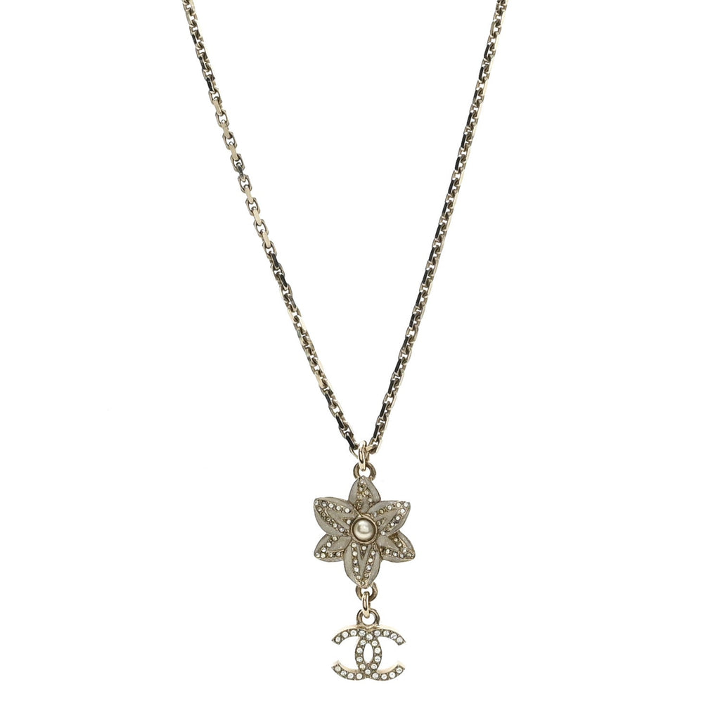 Chanel Crystal CC Flower Drop Necklace White