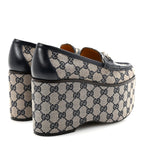 Gucci Canvas GG Monogram Horsebit Calfskin Womens Horsebit Platform Loafers 37.5 Beige Blue