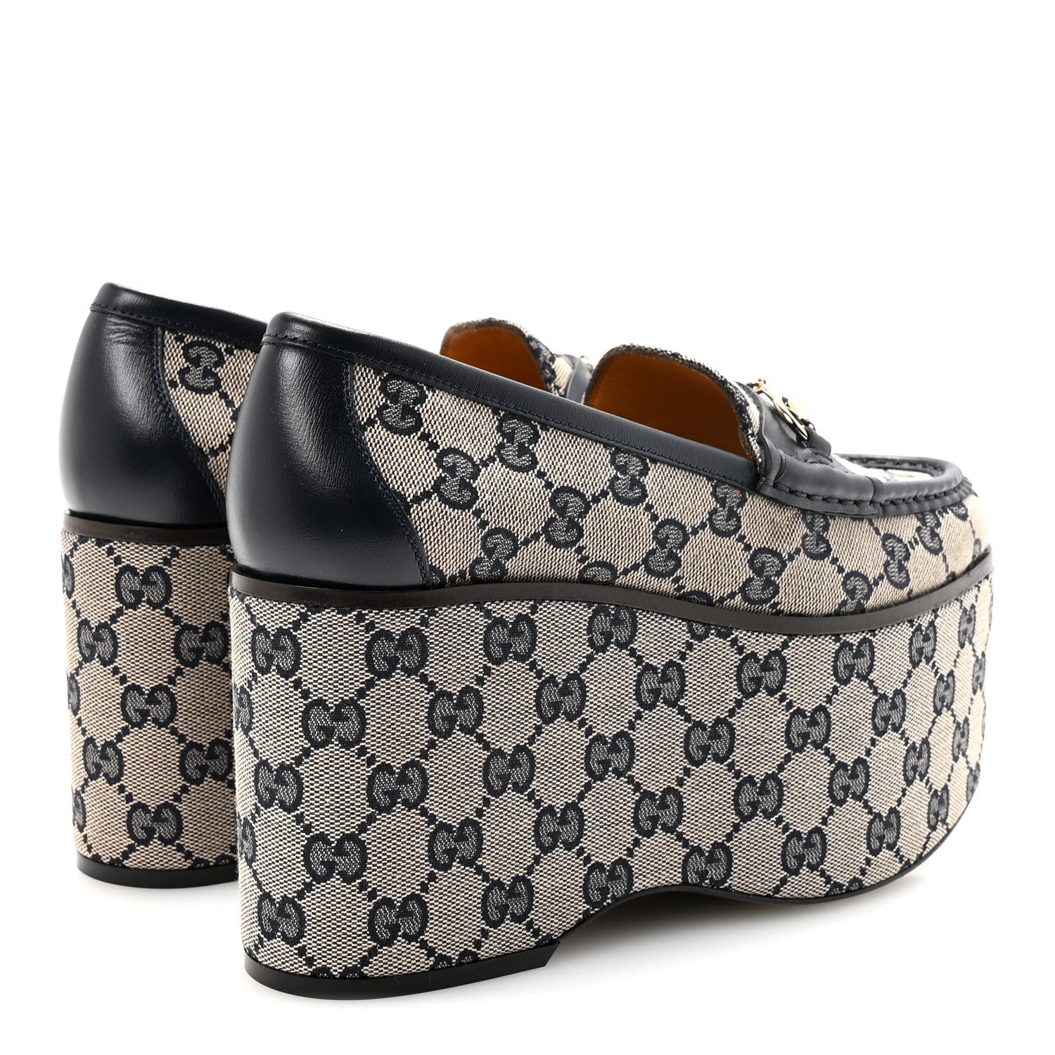 Gucci Canvas GG Monogram Horsebit Calfskin Womens Horsebit Platform Loafers 37.5 Beige Blue