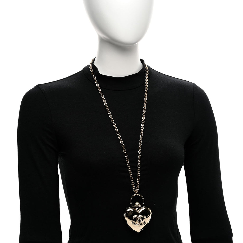 Chanel Metal CC Heart Locket Necklace Gold