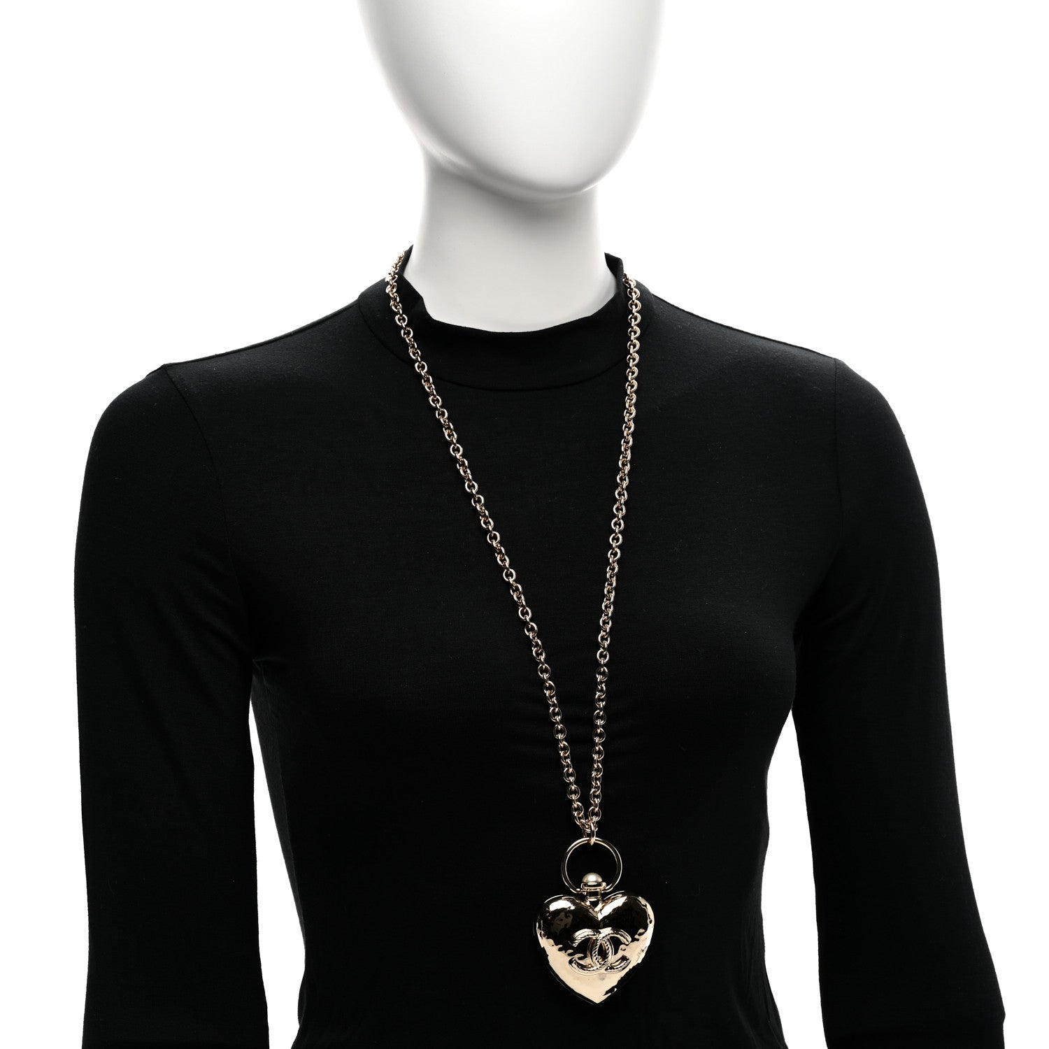 Chanel Metal CC Heart Locket Necklace Gold
