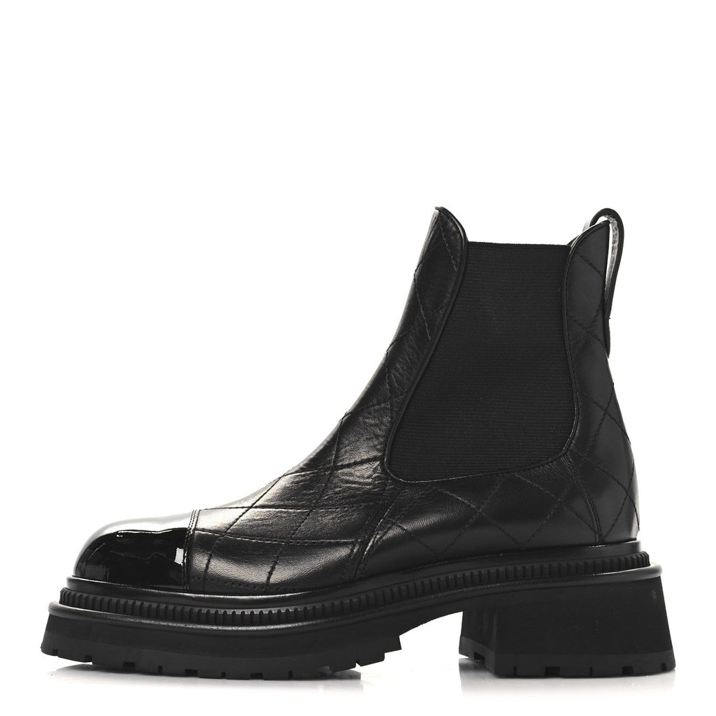 Chanel Calfskin Patent Cap Toe Quilted Short Boots 37 Black