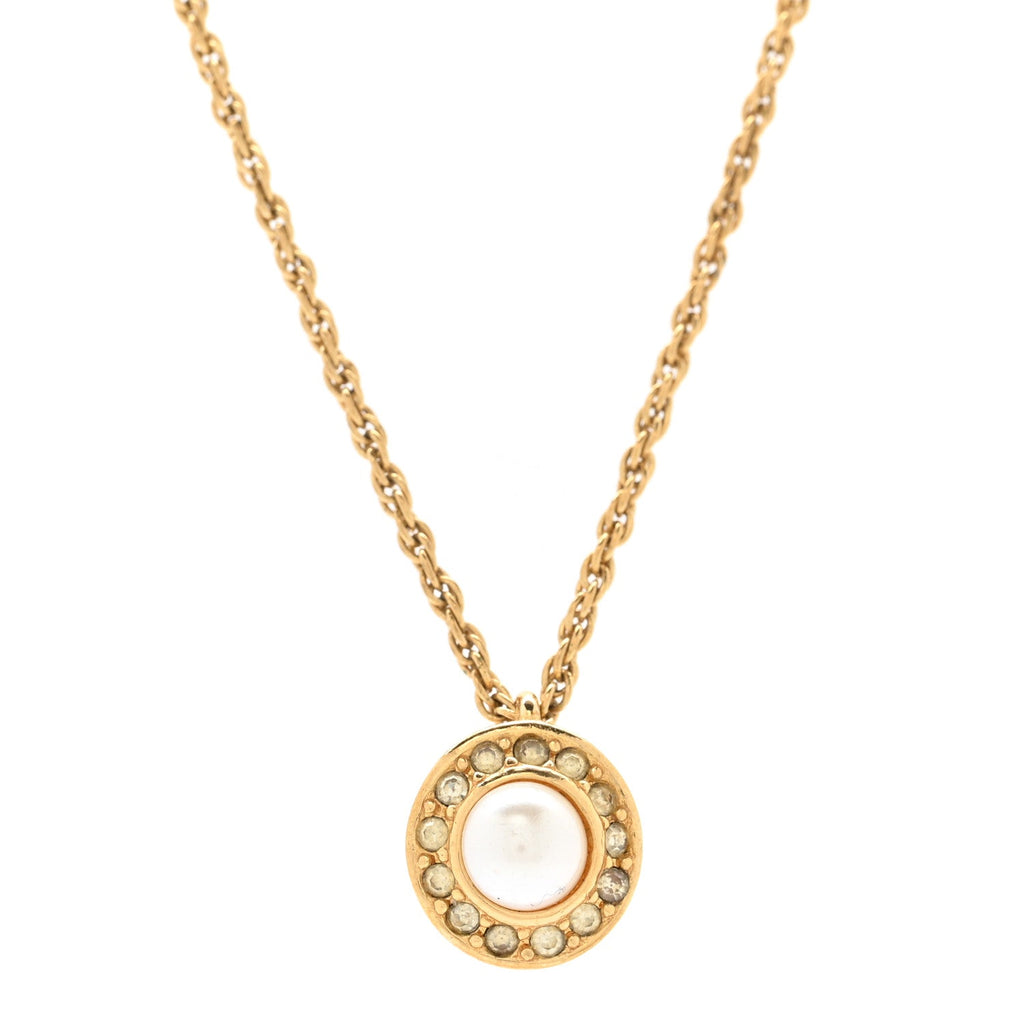 Christian Dior Crystal Pearl Pendant Necklace Gold