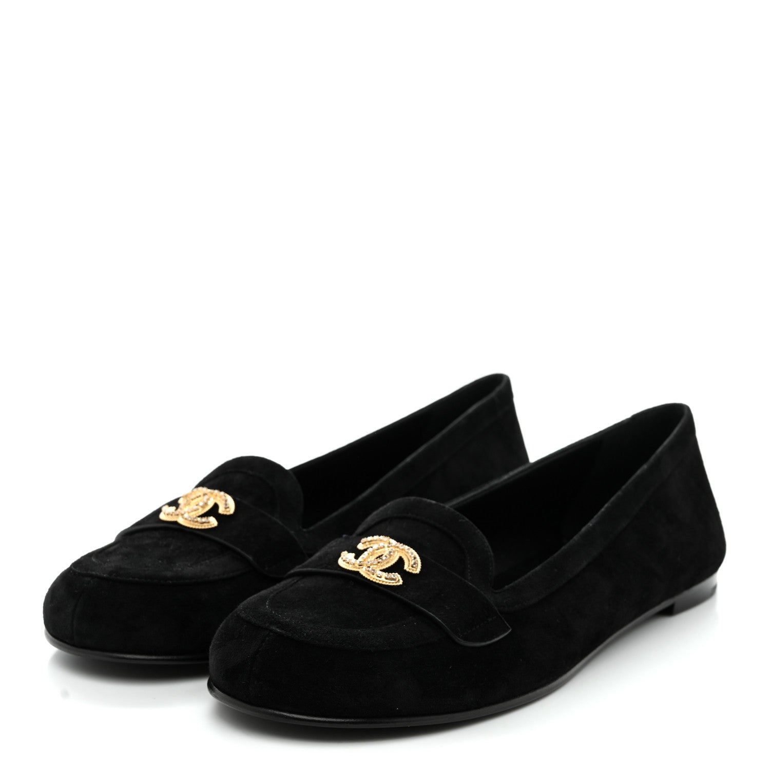 Chanel Suede Crystal CC Mocassin Loafers 39.5 Black