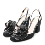 Chanel Satin Camelia Block Heels Sandals 37.5 Black
