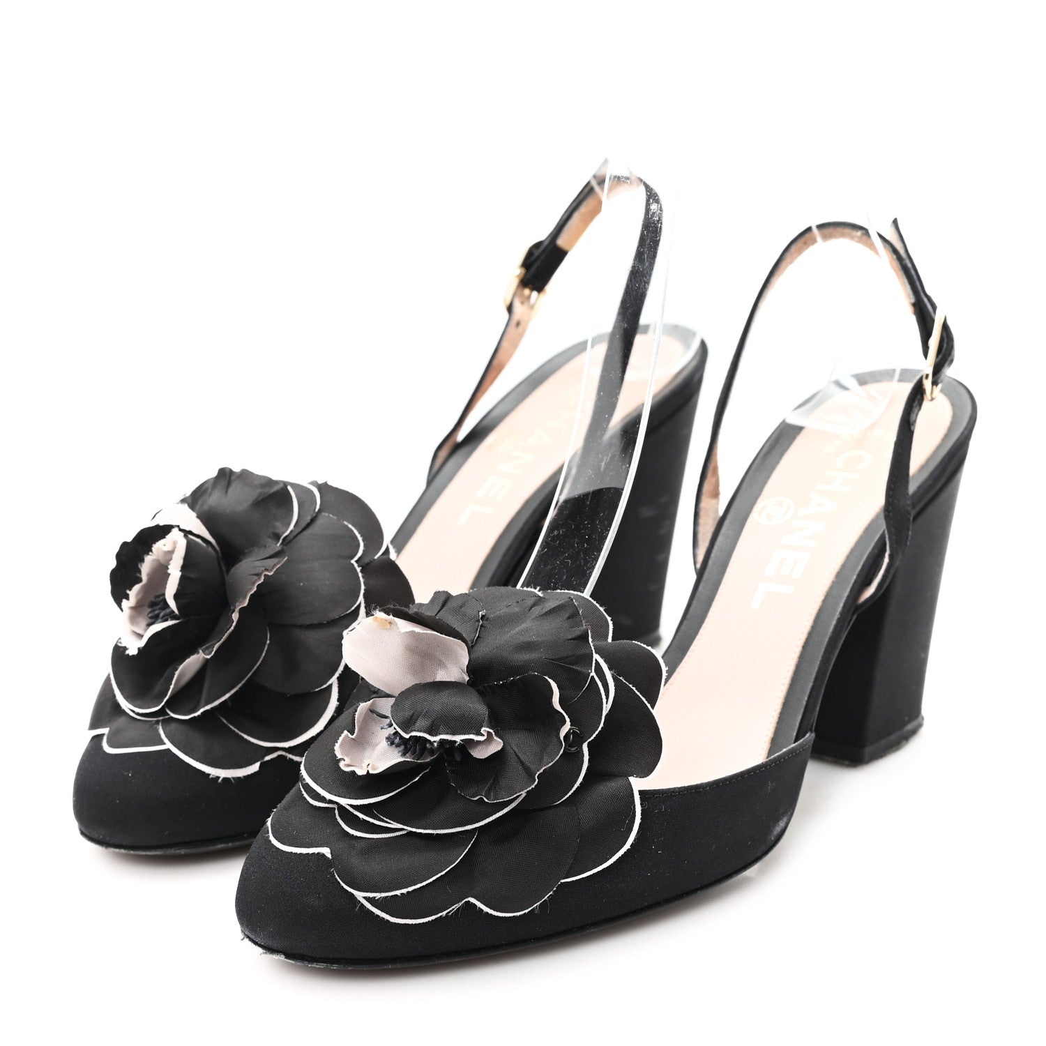 Chanel Satin Camelia Block Heels Sandals 37.5 Black