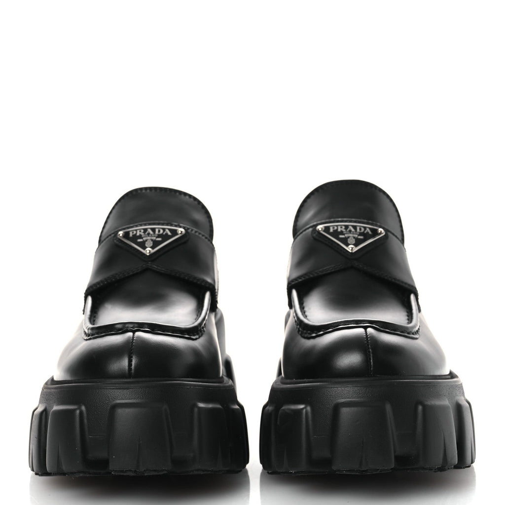 Prada Spazzolato Rois Metal Triangle Logo Monolith 55mm Loafers 39 Black