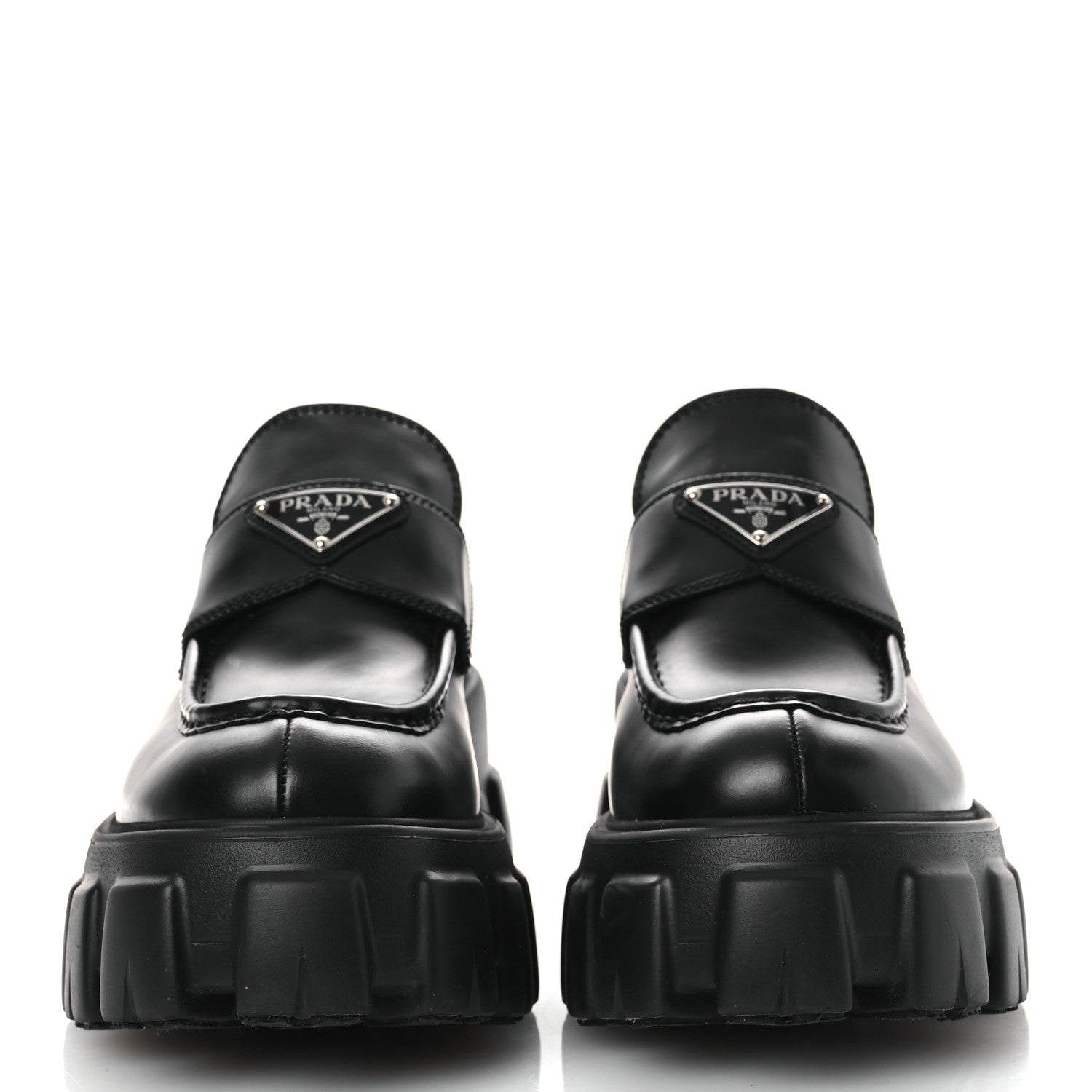 Prada Spazzolato Rois Metal Triangle Logo Monolith 55mm Loafers 39 Black