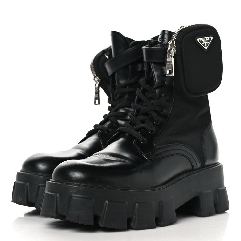Prada Spazzolato Rois Nylon Metal Triangle Logo Monolith Pouch Pocket 55mm Boots 39 Black