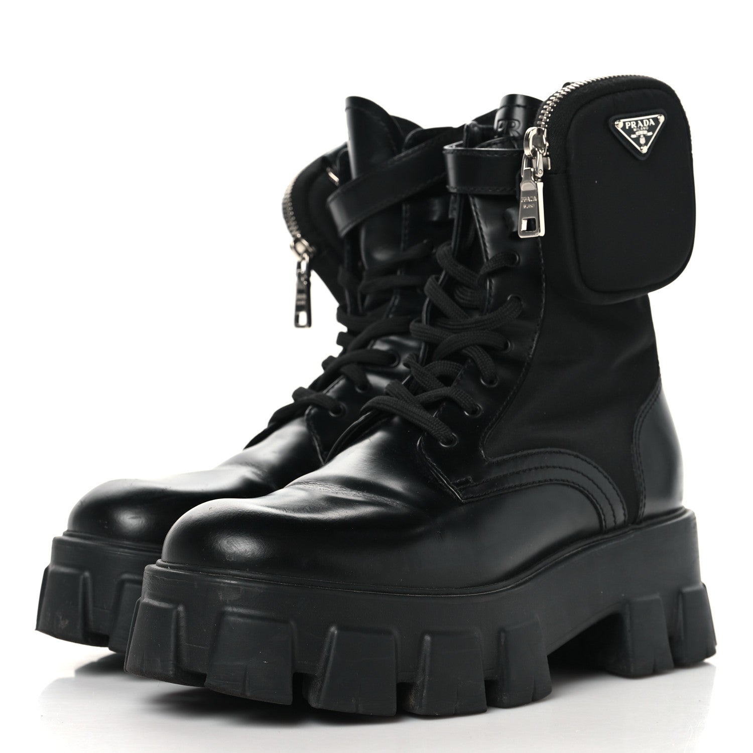 Prada Spazzolato Rois Nylon Metal Triangle Logo Monolith Pouch Pocket 55mm Boots 39 Black