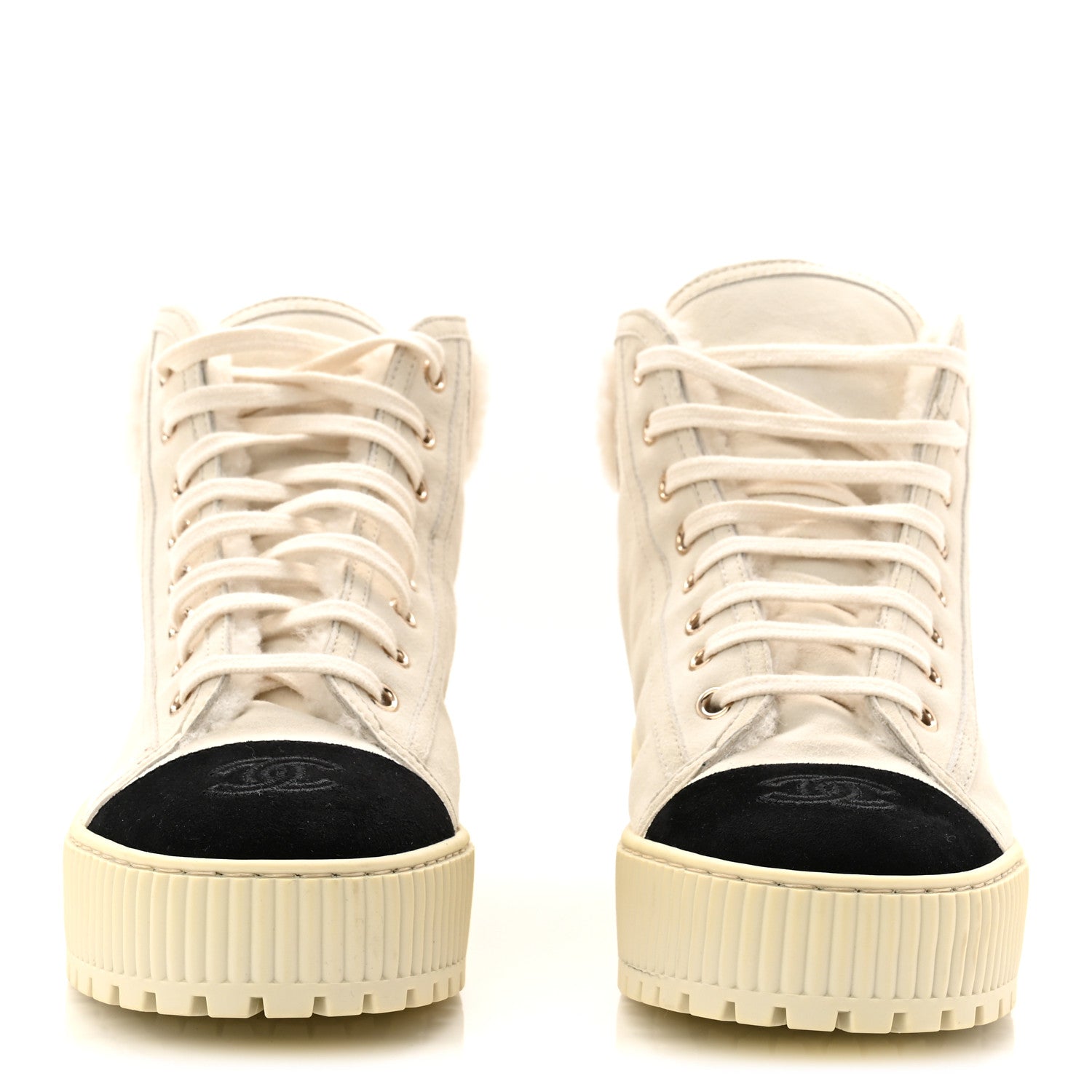 Chanel Kid Suede Shearling Sheepskin Lace Up Boots 38 Ivory White Black