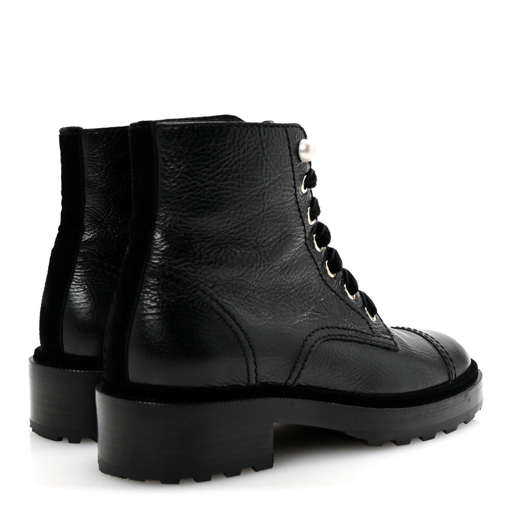 Chanel Shiny Calfskin Velvet Pearl Combat Short Boots 37 Black